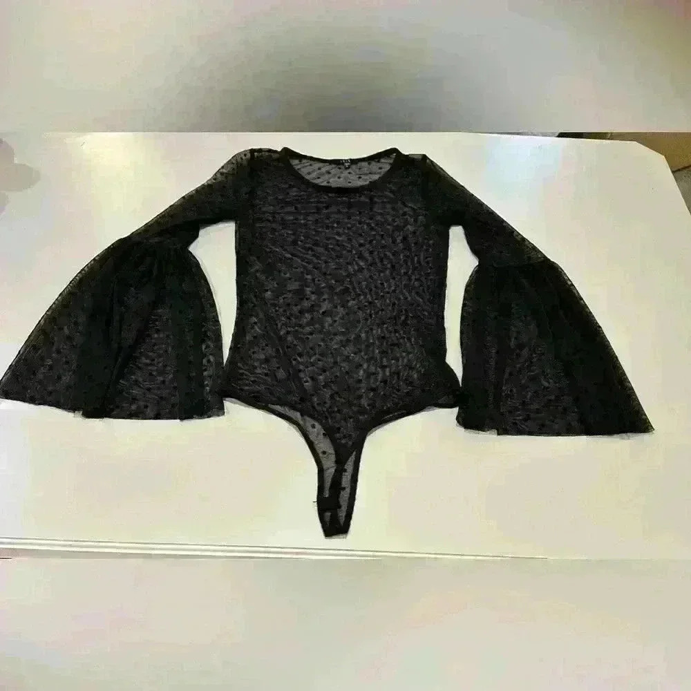 iris Black Sheer Lace Bell Sleeve Bodysuit